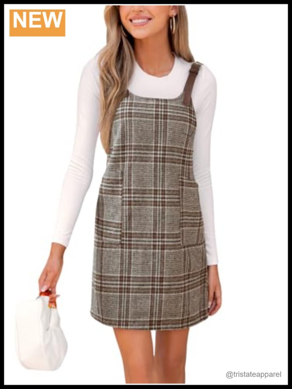 Plaid Overall Mini Dress Scoop Neck Sleeveless Pinafore with Pockets